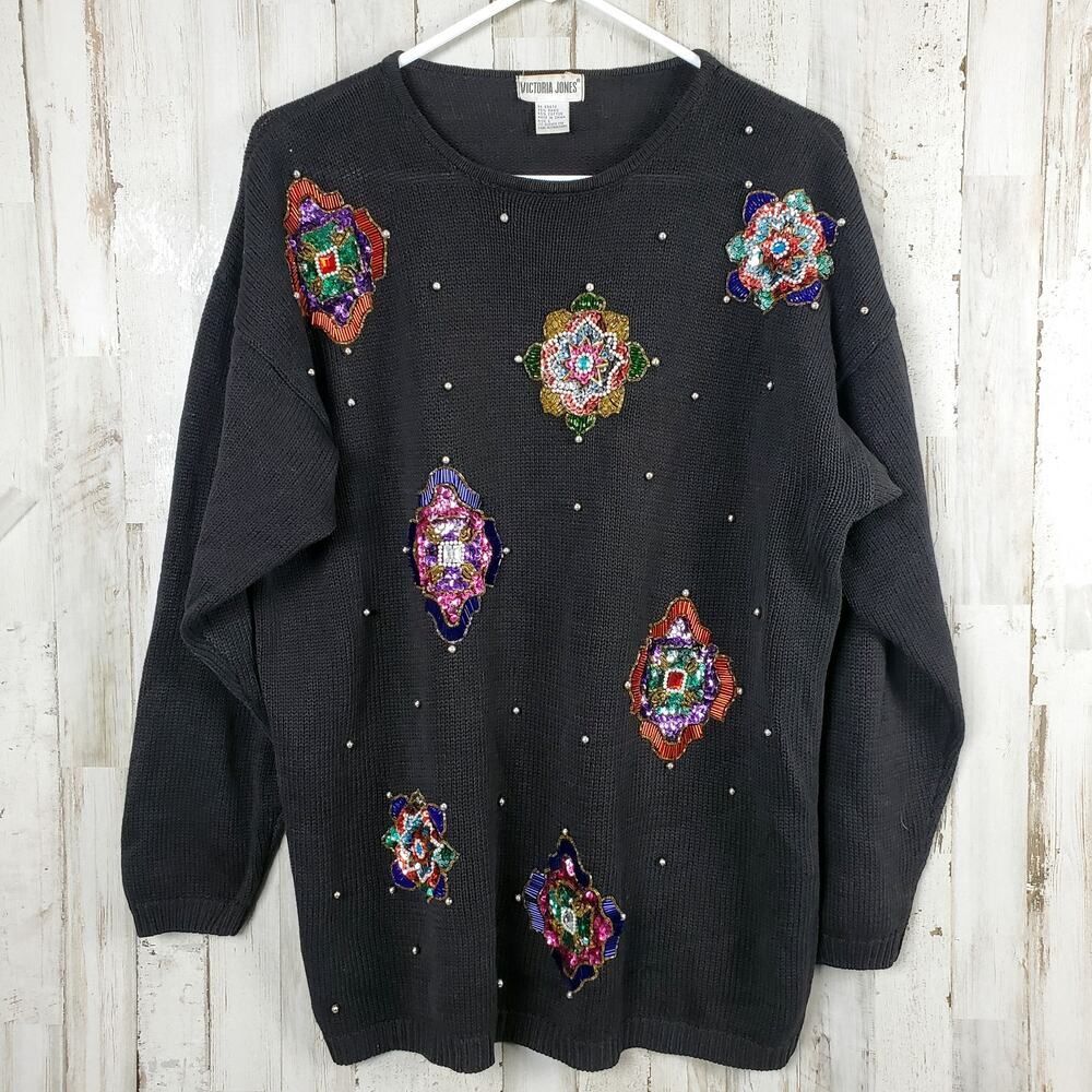Vintage Victoria Jones Bead Embellished Sweater Black Size Large